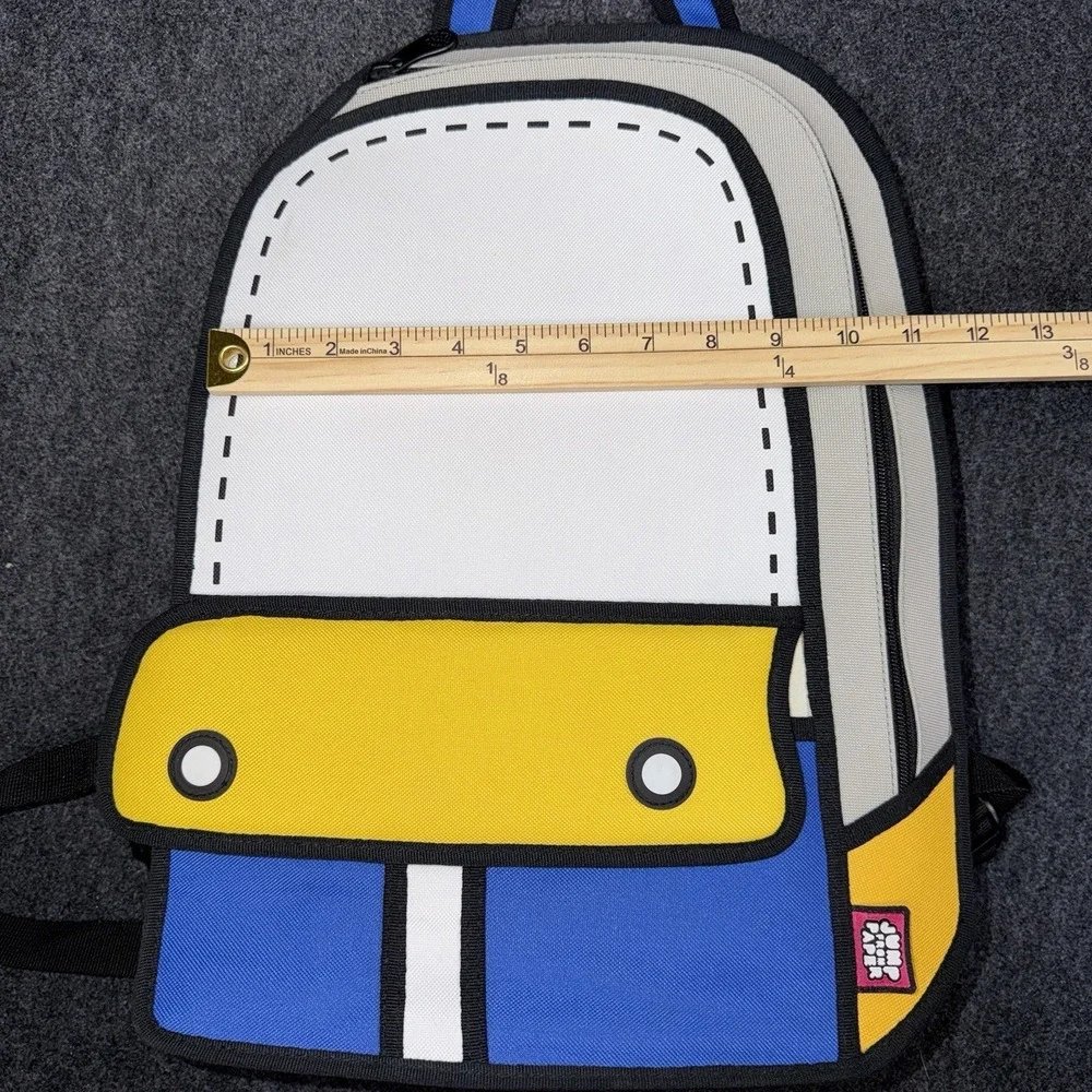 JumpFromPaper 2D Cartoon Backpack Blue‎ Yellow White Comic Optical Illusion Bag